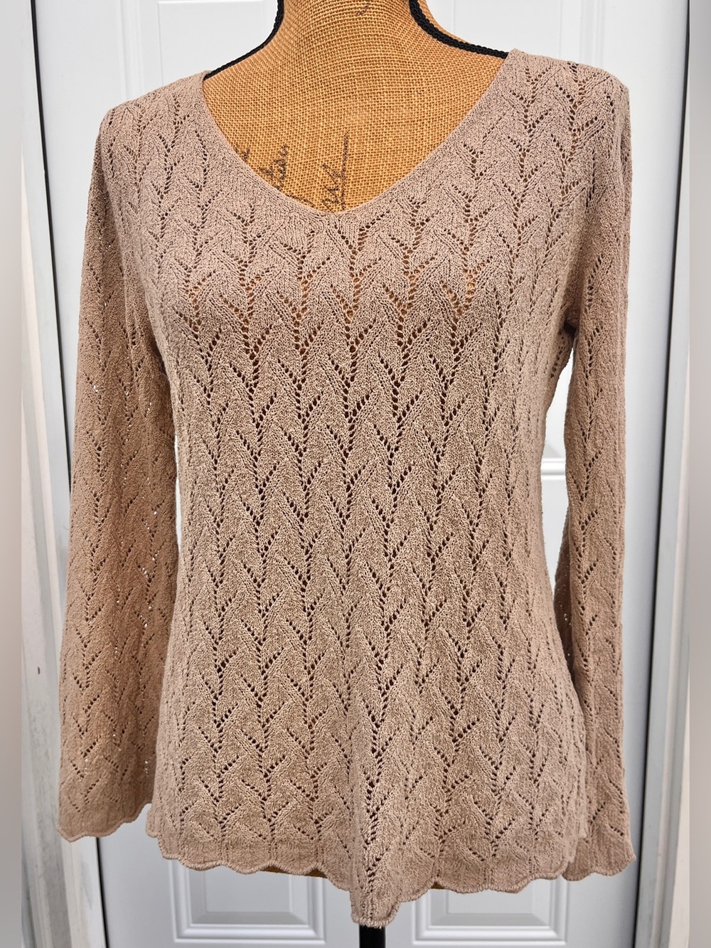 J. Jill Open Knit V-Neck Sweater Stretch Tan Size Small